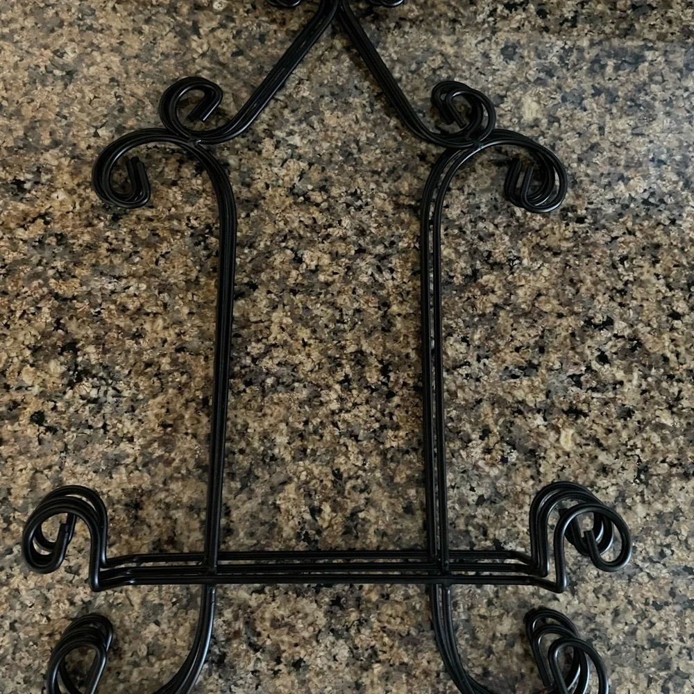 Three Black Iron Scrollwork Display Stands for Plates, Photos, or Artwork.